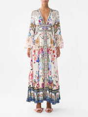 Floral Printed Long Sleeves Ruffled Elegant Maxi Dresses