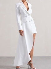 Long Sleeves Asymmetric Buttoned Pockets Solid Color Notched Collar Blazer Maxi Dress