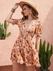 Bohemia A-Line High Waisted Floral Printed V-Neck Mini Dress