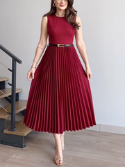 Sleeveless Pleated Solid Color Round-Neck Midi Dresses
