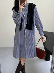Striped Long Sleeves Loose Round-Neck Shirt Dress Midi Dresses