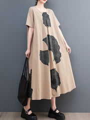 Printed A-Line Loose Round-Neck Midi Dresses