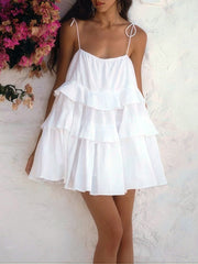 Backless Layered Pleated Solid Color A-Line High Waisted Spaghetti-Neck Mini Dresses