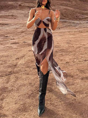 Printed Sleeveless Spaghetti-Neck Elegant Maxi Dresses