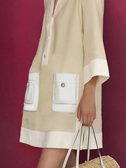 A-Line Loose Buttoned Contrast Color Pockets Stand Collar Mini Dresses