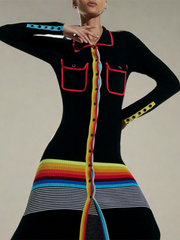 Buttoned Contrast Color Striped Long Sleeves Skinny Lapel Shirt Dress Maxi Dresses