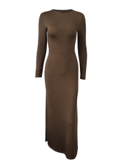 Backless Hollow Solid Color Split-Side Bodycon Long Sleeves Round-Neck Maxi Dresses