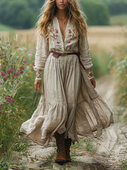 Floral Splicing Long Sleeves Shirt Maxi Dresses