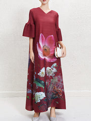 Flower Print Pleated A-Line Flared Sleeves V-Neck Maxi Dresses