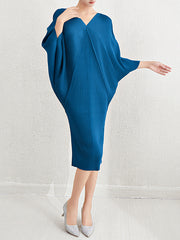 Pleated Solid Color Batwing Sleeves Loose V-Neck Midi Dresses
