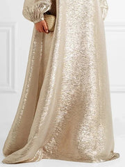 Gauze See-Through Shiny Split-Joint A-Line Loose Round-Neck Maxi Dresses Evening Dresses