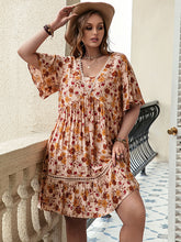 Vacation Flared Sleeves Loose Floral Printed V-Neck Mini Dress