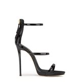 Black Metallic Triple Strap Stiletto Heel Sandals