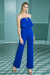 Blue Sexy Off Shoulder Wide Leg Ruffle Strapless Jumpsuit