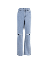 Blue Wash Straight Leg Knee Ripped Jeans