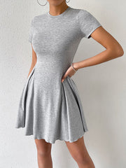 Pleated Solid Color A-Line High Waisted Round-Neck Mini Dresses