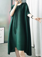 Lace-Up Pleated Batwing Sleeves Loose Hooded Midi Dresses