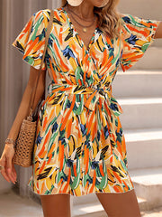 Printed Tied Waist High Waisted Loose V-Neck Mini Dresses