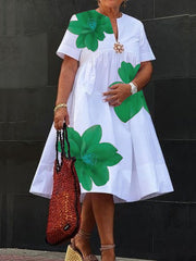 Flower Print Pleated A-Line Loose V-Neck Midi Dresses