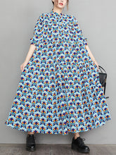 Vintage Long Sleeves Loose Buttoned Contrast Color Printed Stand Collar Midi Dresses