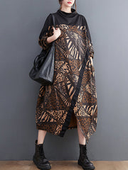 Asymmetric Printed Split-Front Split-Joint Long Sleeves Loose Mock Neck Midi Dresses