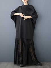 Solid Color Split-Joint Three-Dimensional Flower Long Sleeves Loose Mock Neck Maxi Dresses