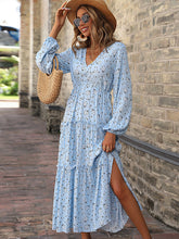 Vacation Puff Sleeves Floral Printed V-Neck Dress