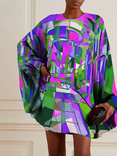 Buttoned Hollow Printed Batwing Sleeves Long Sleeves Round-neck Mini Dresses