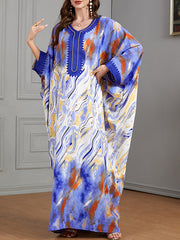 Contrast Color Muslim Printed Split-Joint Batwing Sleeves Loose V-Neck Muslim Abaya Maxi Dresses