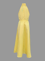 Belted Pleated Pockets Solid Color A-line Loose V-neck Midi Dresses