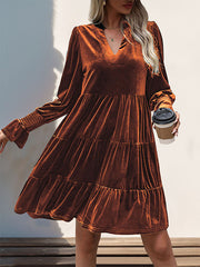 Pleated Solid Color Velvet A-Line Long Sleeves V-Neck Mini Dresses