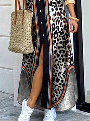 Leopard Split-Joint Split-side Striped Long Sleeves Loose Lapel Shirt Dress Maxi Dresses