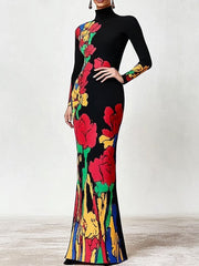Skinny Flower Print Multi-Colored High Neck Maxi Dresses