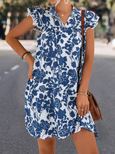 Printed Split-Joint Tied A-Line Ruffle Sleeves V-Neck Mini Dresses