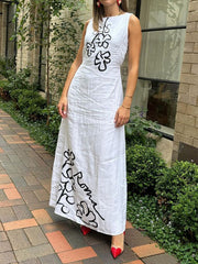 Flower Print Tied Waist Loose Sleeveless Round-neck Maxi Dresses