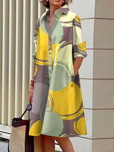 Buttoned Pockets Printed A-line Long Sleeves Lapel Midi Dresses