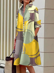 Buttoned Pockets Printed A-line Long Sleeves Lapel Midi Dresses