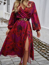 Elasticity Flower Print No Belt Split-side A-line High Waisted V-neck Maxi Dresses