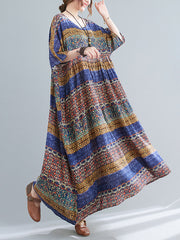 Batwing Sleeves Raglan Sleeve Printed Striped Round-Neck Midi Dresses