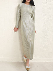 Bronzing Pleated Shiny Solid Color A-Line High Waisted Round-Neck Midi Dresses