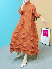 Pleated Solid Color Long Sleeves Loose Stand Collar Maxi Dresses