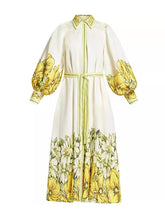 Floral Print Puff Long Sleeves Ruffled Maxi Dresses