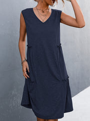 Pleated Solid Color Split-Joint A-line Loose V-neck Midi Dresses