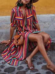 Split-Joint Striped Long Sleeves Loose Lapel Shirt Dress Maxi Dresses