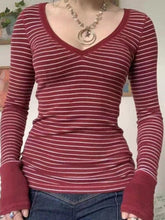 Striped V Neck Knit Long Sleeve Tee