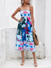 Pleated Printed Split-Joint High Waisted Sleeveless Collarless Slip Dress Midi Dresses