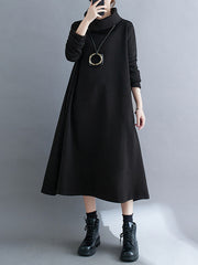 Asymmetric Solid Color Zipper A-Line Long Sleeves High Neck Midi Dresses