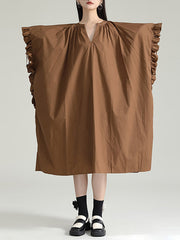 Adjustable Drawstring Pleated Solid Color Loose Raglan Sleeve V-Neck Shirt Dress Midi Dresses