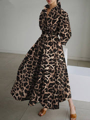 Buttoned Leopard High Waisted Long Sleeves Lapel Maxi Dresses