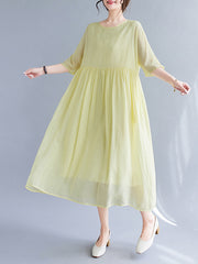 Pleated See-Through Solid Color Split-Joint Loose Short Sleeves Round-Neck Midi Dresses